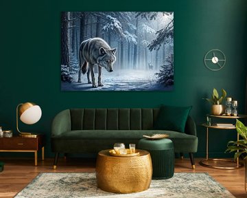 Wolf in besneeuwd bos met hert van Markus Gann