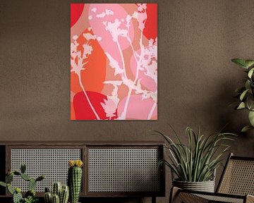Modern colorful abstract botanical art. White flowers on pink orange, red by Dina Dankers