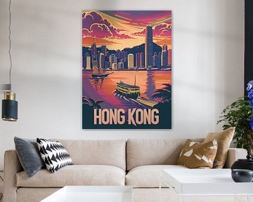 Hongkong Abenddämmerung: Skyline & Sternfähre Retro-Poster von Travel Shop