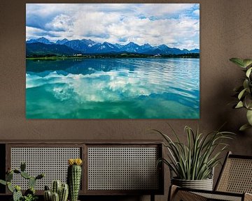 Blick über den Forggensee auf die Allgäuer Alpen bei Füssen