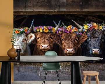 Highland Rinder mit Blumenkränzen im Stall