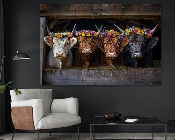 Hooglanders met bloemenkransen in de stal van MArt