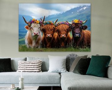 Versierd Schots vee in een Alpenlandschap van MArt