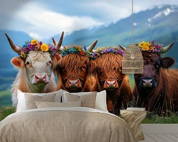 Geschmückte schottische Rinder in Alpenlandschaft