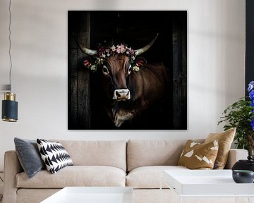 Rustieke koe met bloemdecoraties in de stal van MArt
