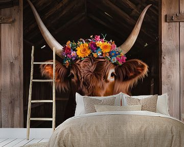 Highland Kuh mit buntem Blütenschmuck im Stall