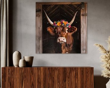 Hooglandse koe met kleurrijke bloemdecoraties in de stal van MArt