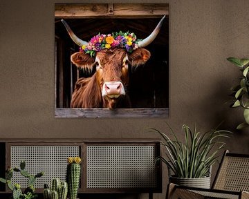 Stier met prachtige bloemenkroon in houten stal van MArt