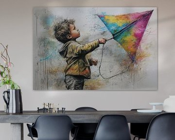 Graffiti schilderij jongen met vlieger - kleurrijk street art van BowiScapes abstract en digitale kunst