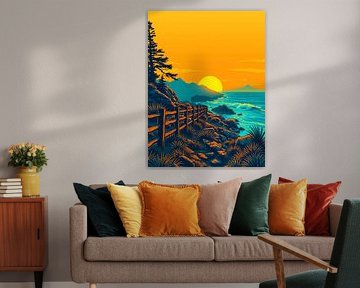 Chemin côtier du coucher de soleil - Impression murale de paysage vibrant