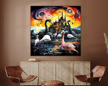 Black swans lake sunset surreal landscape by gm_designs