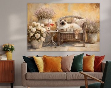 Rotan Stoel met Kat -  Rustiek Bohemian Stilleven van Joriali fotografie en schilderijen