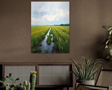 Un voyage tranquille à travers les champs d'or : Une peinture de paysage sereine d'un chemin herbeux