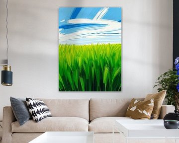 Golden Hour Meadow : Un champ impressionniste vibrant d'herbe verte sous un vaste ciel bleu