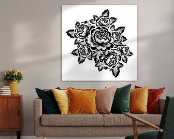 Illustration artistique d'un élégant bouquet de pivoines en noir et blanc - Graphique vectoriel pour tatouages, impressions et vêtements