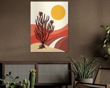 Sérénité du désert ensoleillé : Paysage minimaliste de Ouerglan avec cactus cholla et chemin sinueux