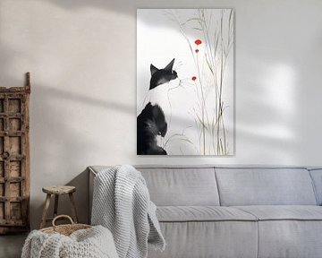 Rencontre mystique Chat noir dans un champ de fleurs sur Karina Brouwer