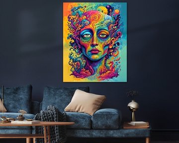 Farbenexplosion Gesicht Poster – Psychedelisches Portrait voller Kraft von Conpo Design
