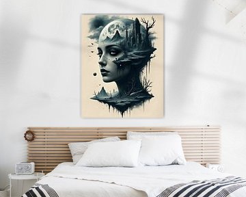 Mondfrau Poster – Mystischer Schwarz-Weiß Kunstdruck zwischen Natur und Ruinen