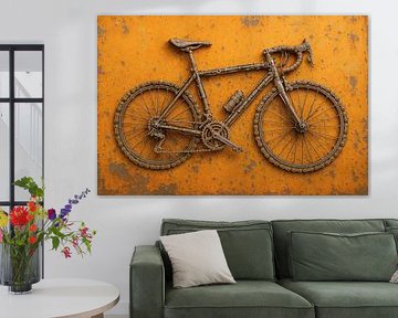 Industriële racefiets van roest en staal (AI) (metaal, schroot, recycled, onderdelen, mannelijk, mancave, stoer, oude fiets, oranje, hup holland hup) van Natalie Bruns