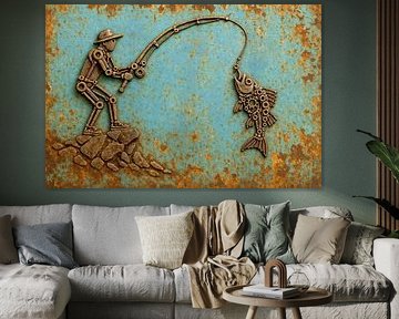 Visvangst uit de schroothoop (AI) (visser, hengel, metalen onderdelen, roest, mancave, stoer, mannelijk, industrieel, boutjes, moertjes)