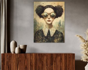 Dromerig portret van een vrouw met steampunk bril in een mysterieus boslandschap