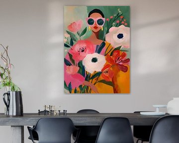 Frau mit großen Blumen: farbenfrohe und mutige Illustration in einer fröhlichen Farbpalette