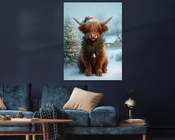 Lieve Highland koe in kerststemming – sneeuwlandschap met kerstversiering van But First Framing