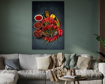 Piments forts et épices sur ardoise sombre sur Photo Art Thomas Klee