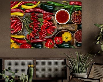 Une variété de piments et de poivrons colorés sur un bois rustique sur Photo Art Thomas Klee