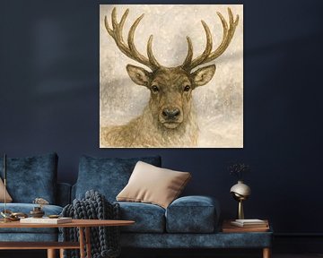 Edelhert in de sneeuw (AI) (sneeuw, winter, Kerstmis, sfeervol, gewei, sereen, aquarel, schilderij, realistisch, gedetailleerd, hert, natuur) van Natalie Bruns