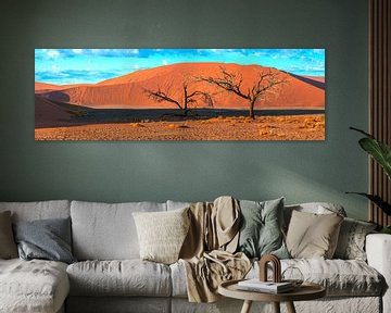 Trees before the red dunes of Sossusvlei, Namibia by Rietje Bulthuis