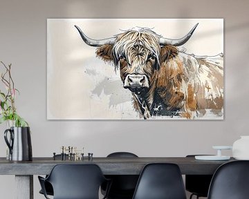 Schotse hooglander tekening in waterverf stijl in beige roodbruin en taupe