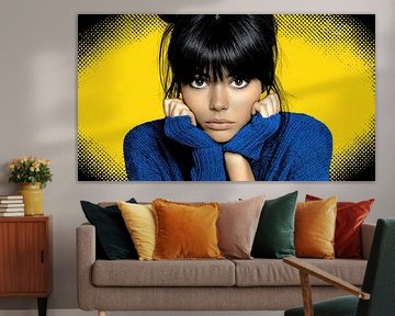 Intense blik - pop-art portret in blauw en geel van Klaus Tesching - Art-AI