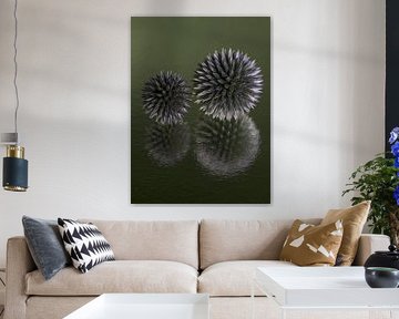 Samen: Twee distelbollen samen met abstracte spiegeling van Marjolijn van den Berg