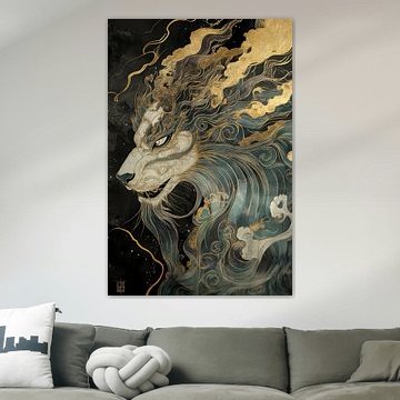 Mystischer Löwe mit goldenen Akzenten und blauer Mähne