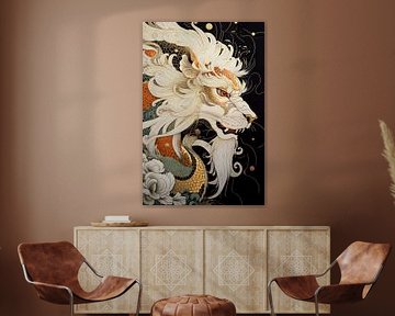 White dragon with fiery mane and gold details