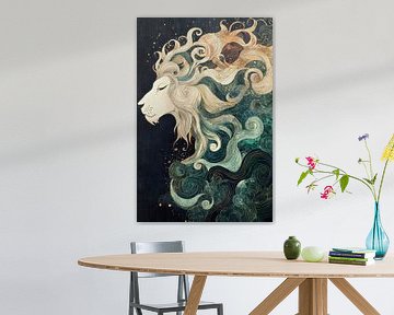 Lion head with flowing mane in blue and gold by Digitale Schilderijen