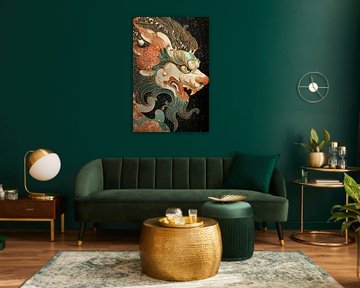 Colourful dragon head with flowers and pearls