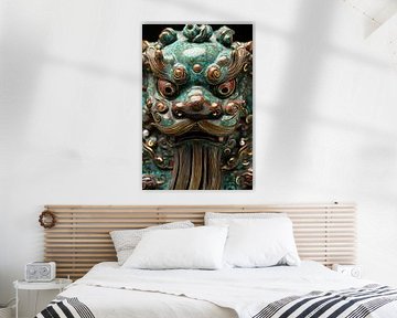 Green-blue Foo Dog sculpture close-up by Digitale Schilderijen