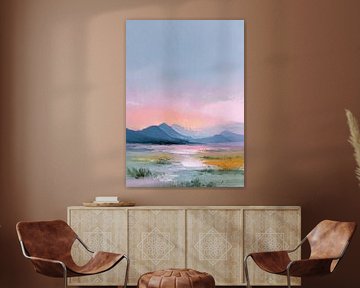 Pastell-Landschaft mit See und Bergen von Niklas Maximilian