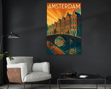 Amsterdam Travel Poster – Vintage Canal and Bicycles by Travel Shop