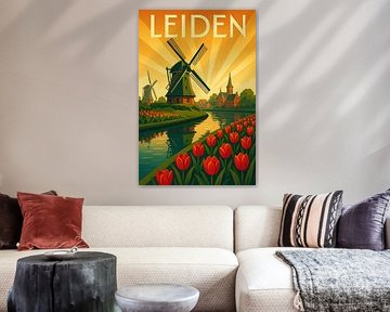 Leiden Art Deco Travel Poster – Windmill and Tulip Wall Art by Travel Shop