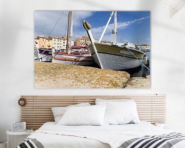 Saint Tropez with typical, old, small fishing boats in the harbour in the sunshine, Cote d'Azur, French Riviera by Andreas Freund