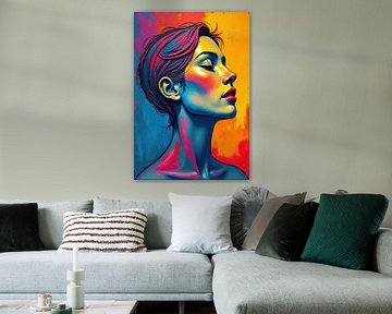 Gestileerd portret van een vrouw in groenblauw, roze en oranje