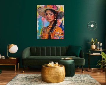 Señorita met bloemenhoed, kleurrijk portret vol Mexicaanse energie van Digatelier