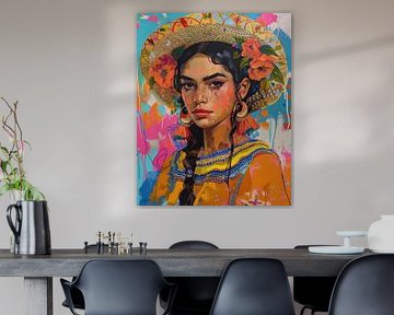 Señorita met bloemenhoed, kleurrijk portret vol Mexicaanse energie van Digatelier