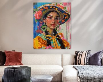 Mexicaanse señorita met bloemenhoed van Digatelier