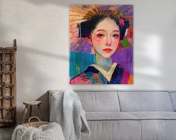Geisha portret met kleurrijke parasol van Digatelier