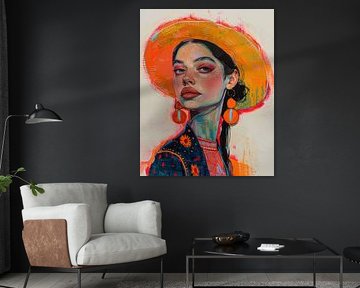 Señorita portret met oranje hoed van Digatelier
